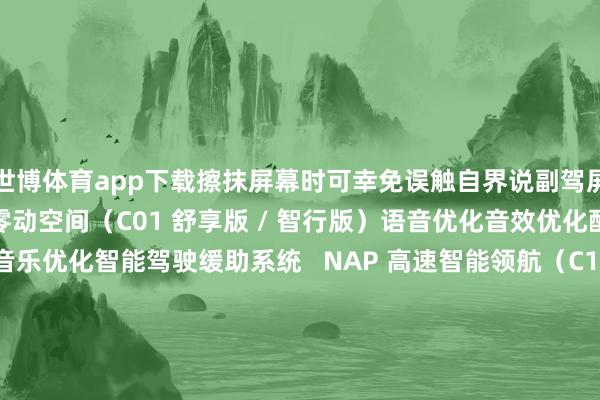 世博体育app下载擦抹屏幕时可幸免误触自界说副驾屏保仪容加多时刻显现加多零动空间（C01 舒享版 / 智行版）语音优化音效优化酷狗音乐优化土产货音乐优化智能驾驶缓助系统   NAP 高速智能领航（C11 智驾版）新增通畅 12 城高架：北京、天津、成王人、广州、佛山、中山、海口、金华、温州、武汉、无锡、宁波  坡谈缓助影像  APA 语音停车（C01 尊享版、C11 智享版 / 尊享版 / 智驾版